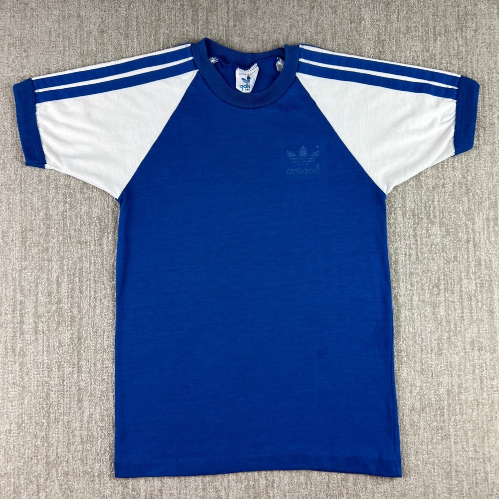 Vintage Adidas Ringer T-Shirt Kids S (8-10) Blue White Made in USA Trefoil 80s